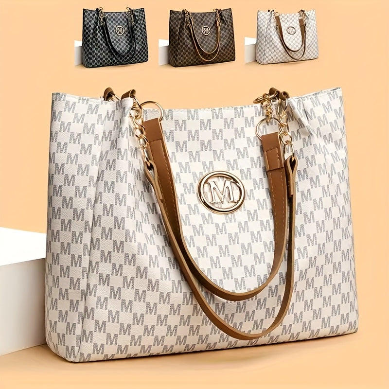 Women'S PU Vintage M Printed Character, M Retro Hardware Accessories, Large Capacity Spring And Summer Travel Vacation Zipper Switch Shoulder Bag, Crossbody Bag, Handbag, Tote Bag, Available in Three Colors.