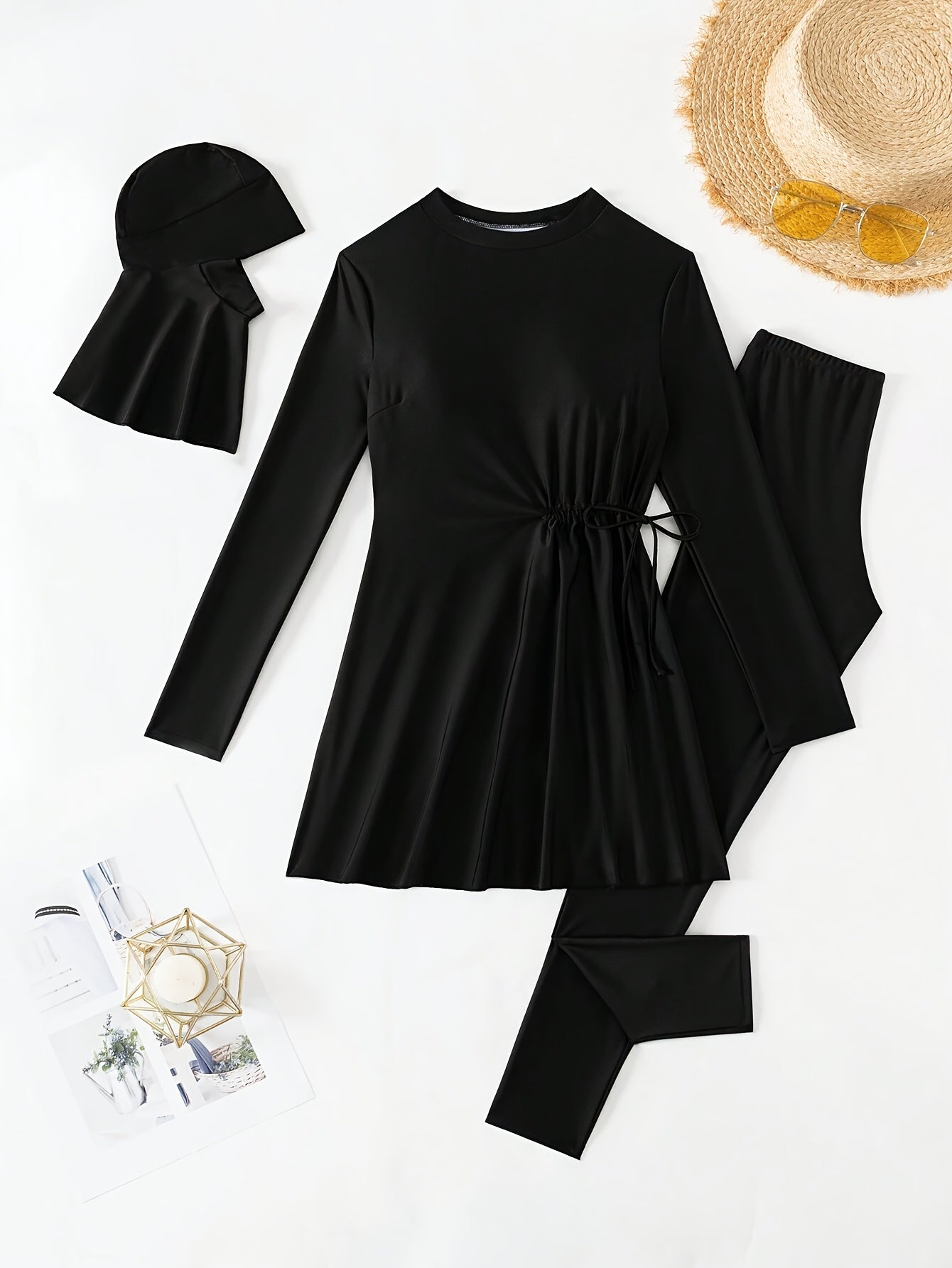 Women's Full-Body Swimsuit with Hijab - Long Sleeve, High Stretch Nylon Fabric, Zippered Front, Black, Casual Beachwear for Outdoor Activities