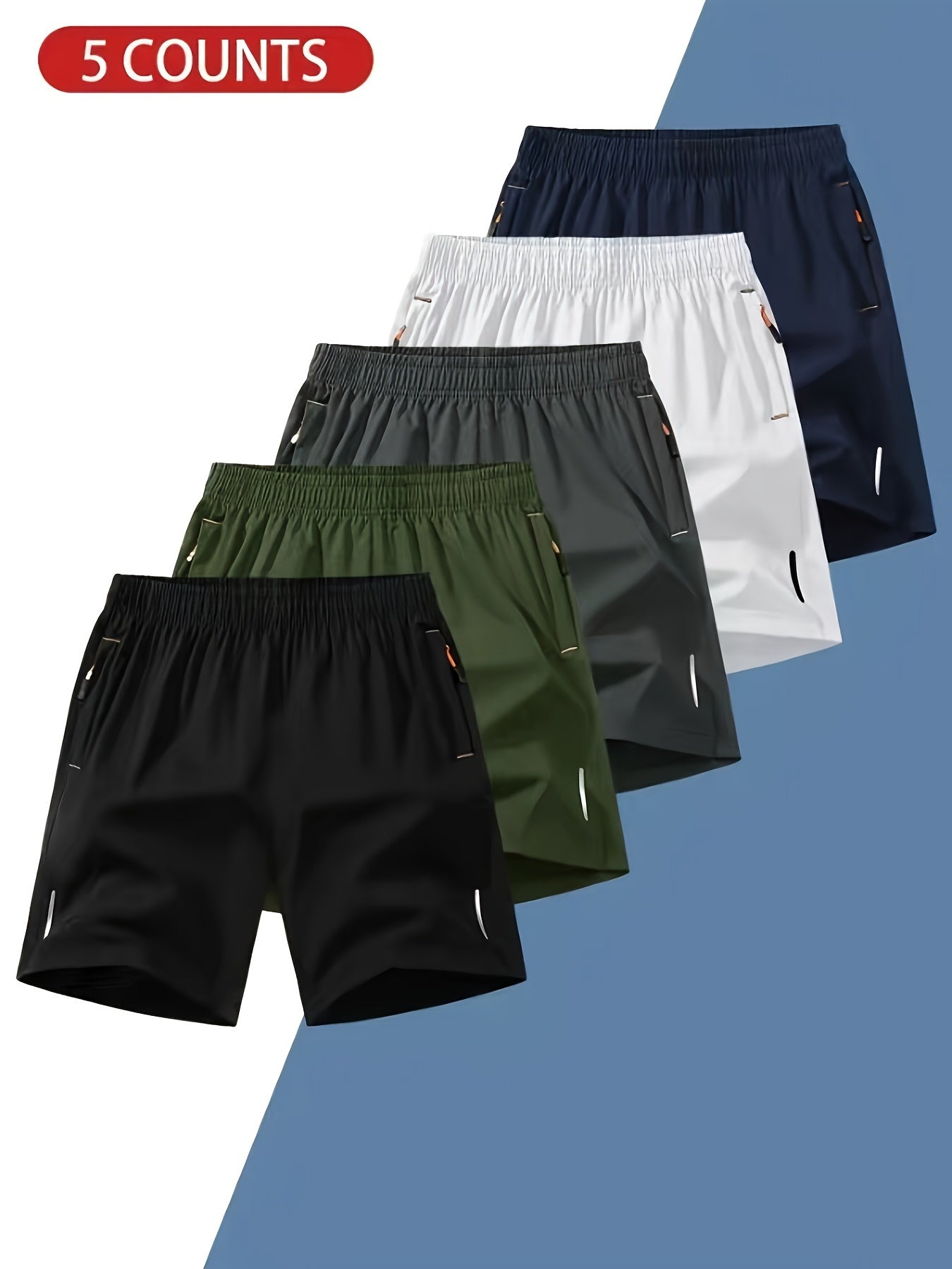 5pcs Men's Athletic Drawstring Shorts - Breathable, Stretchy Polyester & Spandex Blend for Running, Fitness & Casual Wear - Solid Color with Pockets
