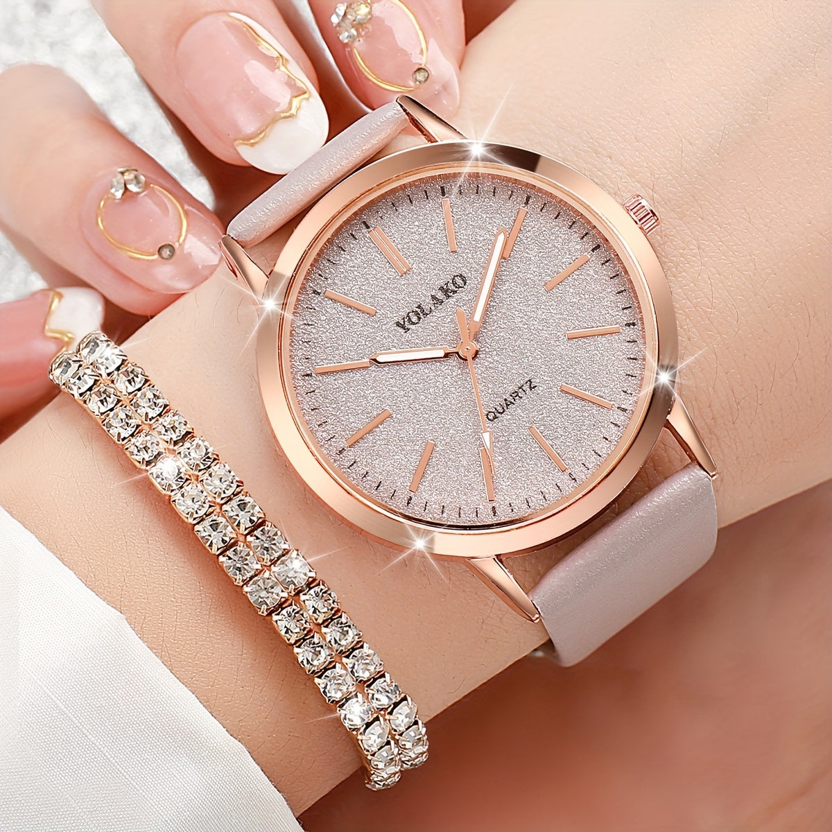 Women's Casual Quartz Watch with Frosted Scale Dial + Jewelry Set 6pcs/set without Watch Box