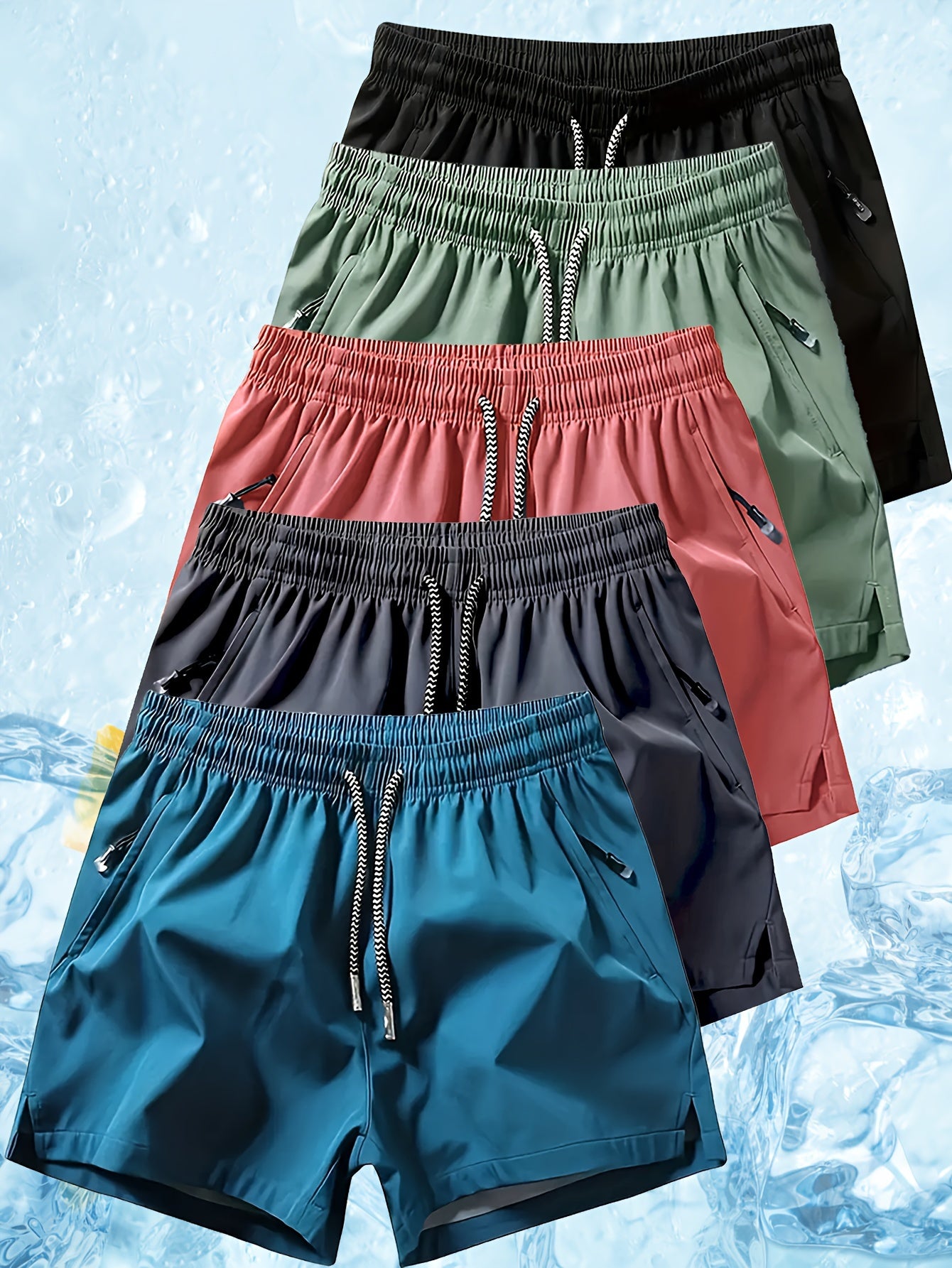 5pcs Men'S Athletic Shorts, Summer Casual Quick-Dry Elastic Waistband with Drawstring, Zipper Pockets, Durable Comfort, Suitable for Gym and Outdoor Leisure Activities