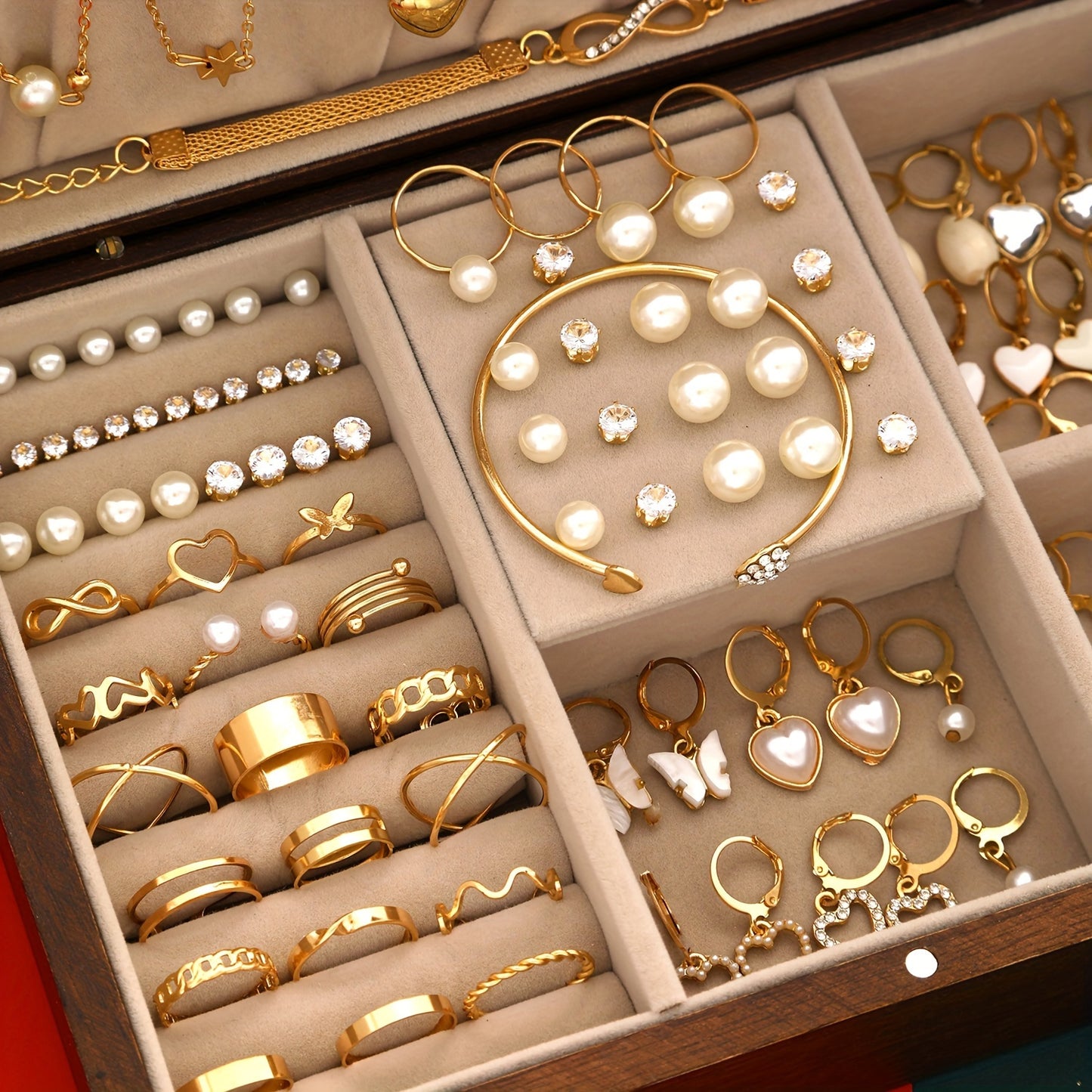 115pcs Fashion Jewelry Set for Women, Elegant Heart & Butterfly Necklaces, Synthetic Zirconia & Imitation Pearl Earrings, Bracelets, Rings, Multi-Piece Set, Vintage & Elegant Style, Zinc Alloy, Perfect for Daily Wear & Parties, Ideal Christmas Gift, All-