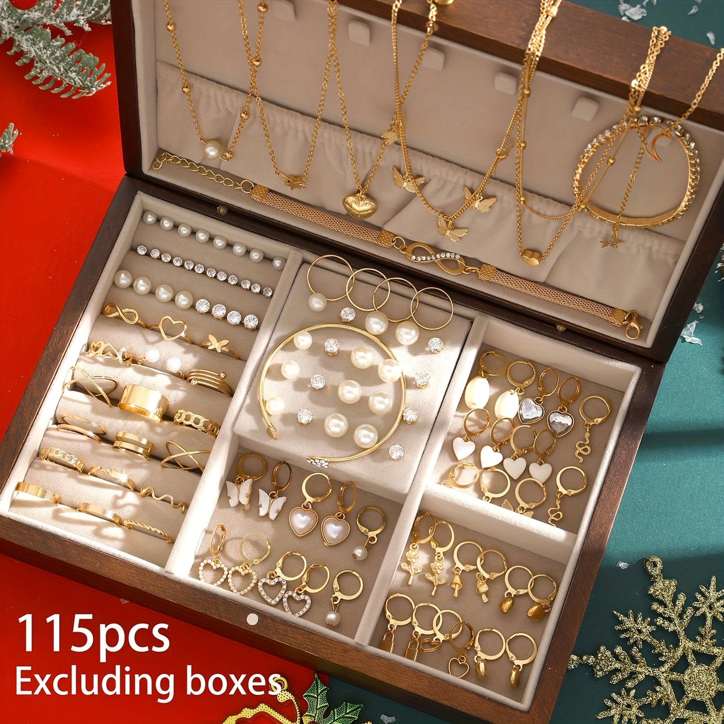 115pcs Fashion Jewelry Set for Women, Elegant Heart & Butterfly Necklaces, Synthetic Zirconia & Imitation Pearl Earrings, Bracelets, Rings, Multi-Piece Set, Vintage & Elegant Style, Zinc Alloy, Perfect for Daily Wear & Parties, Ideal Christmas Gift, All-