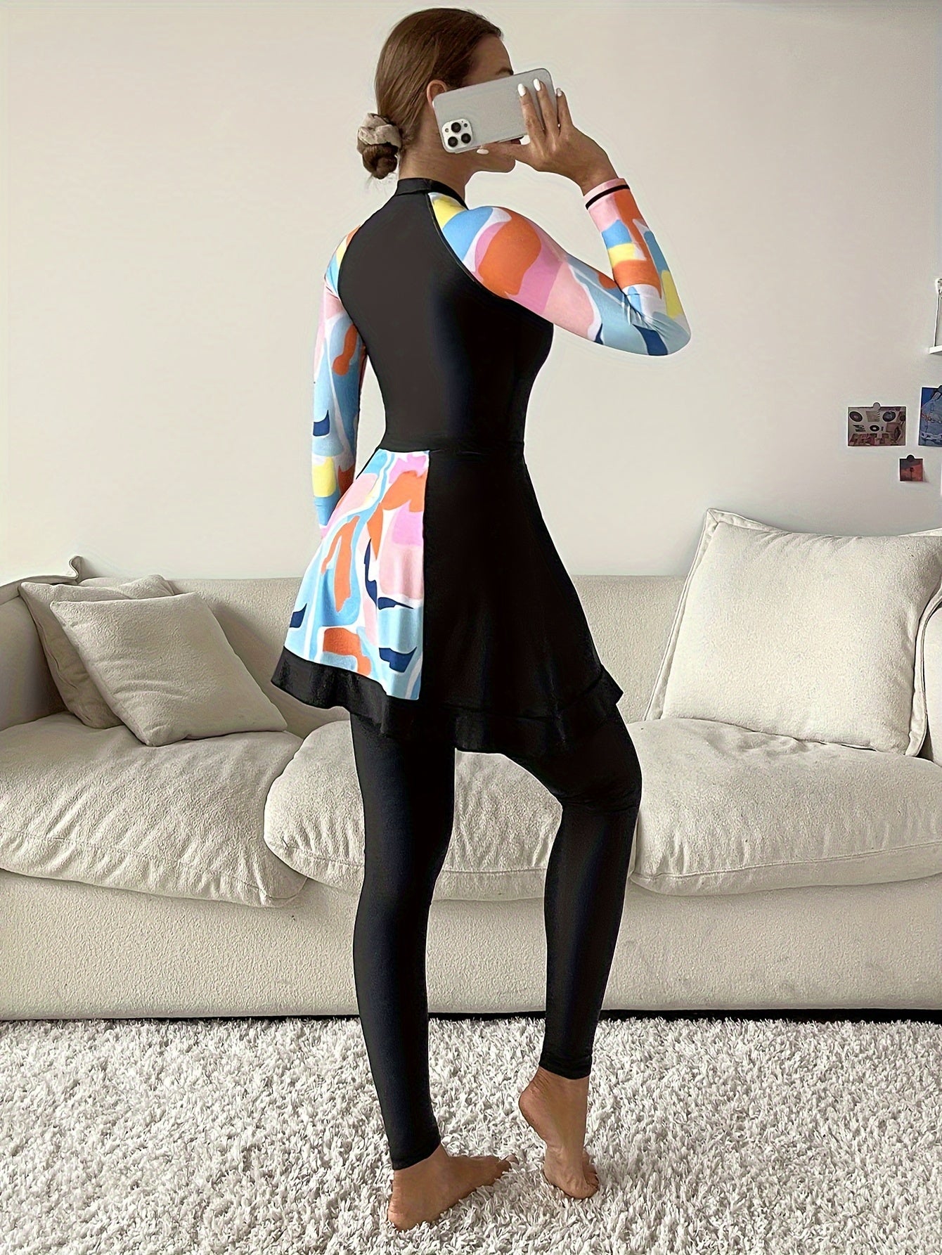 Women's Modest 3pcs Swimsuit Set - Long Sleeve, Full-Length Skirted Bottoms & Leggings in Geometric Pattern, Stretchy Polyester/Spandex Blend, Zip Detail, Machine Washable, High Waisted Swimsuit