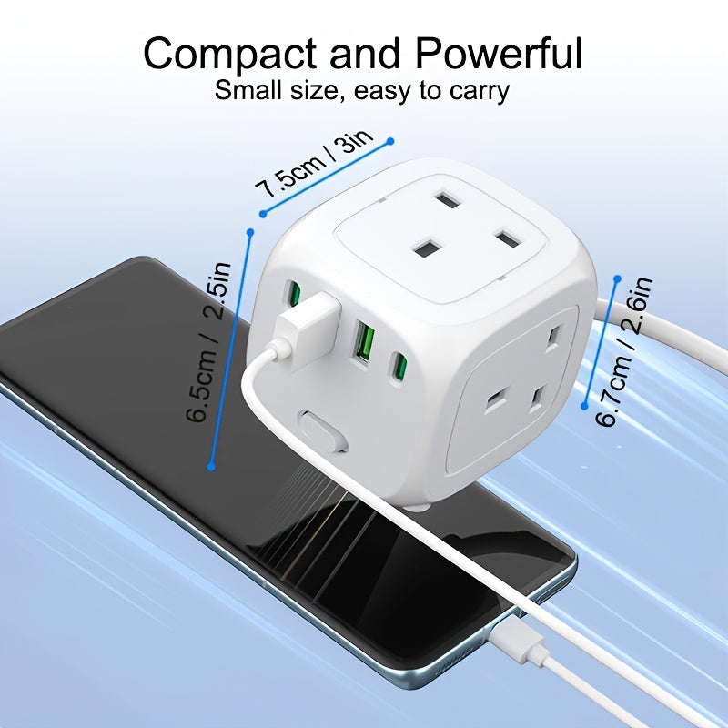 New Power Board, Cube Shape, 3-Outlet, 1 Main Switch, 2 USB-A Ports, 2 Type-C Ports, 182.88 cm Extension Cord, 220V-240V Operating Voltage, British Specification Plug, Plug Powered, with USB Slot, for Home, Office, Kitchen, Garage, Dorm Us