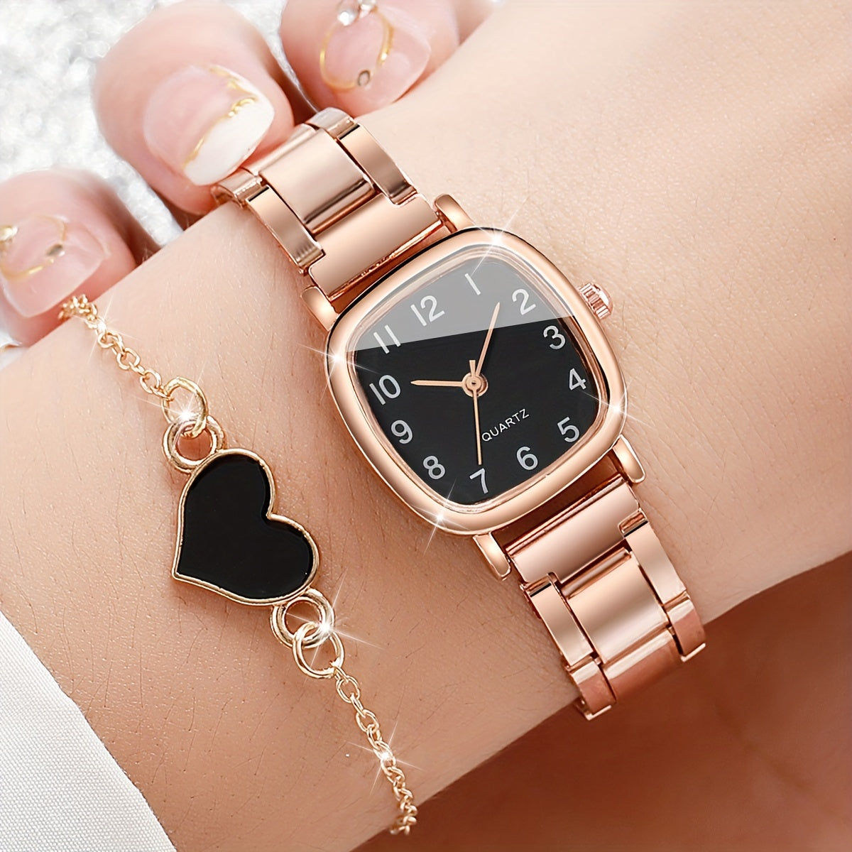 Women's Fashion Square Dial Quartz Watch with Heart Charm Bracelet, Alloy Band & Case - Elegant 2-Piece Jewelry Set (Watch Box Not Included)