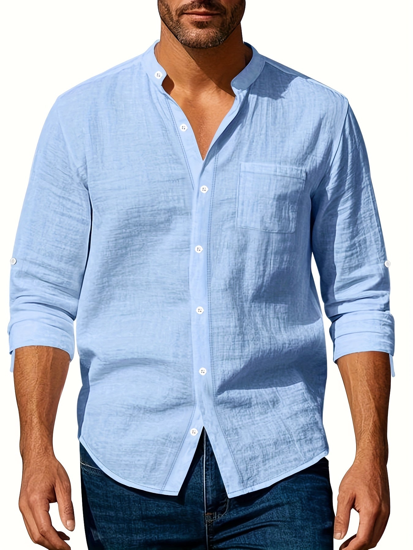 Men's Lightweight Linen Long Sleeve Shirt - Casual Hawaiian Style, Button, Breathable Fabric, Pocket Detail, Beige Color, Perfect for Summer and Casual Attire, Breathable Apparel | Hawaiian Style Shirt | Textured Weave
