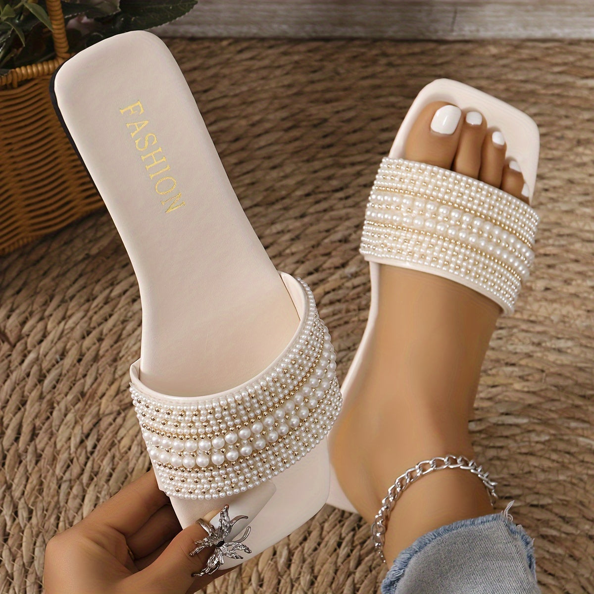 Elegant Women's Summer Flat Slide Sandals - Chic Square Toe with Pearl & Rhinestone Embellishments, Casual Slip-On Design, Faux Cover Upper & Rubber Sole, Ladies Sandals