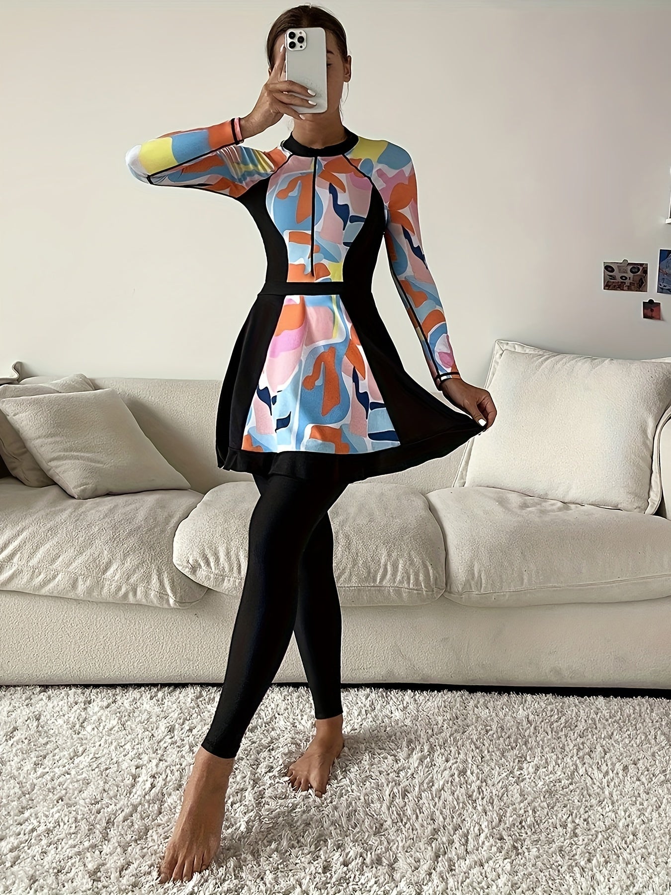 Women's Modest 3pcs Swimsuit Set - Long Sleeve, Full-Length Skirted Bottoms & Leggings in Geometric Pattern, Stretchy Polyester/Spandex Blend, Zip Detail, Machine Washable, High Waisted Swimsuit