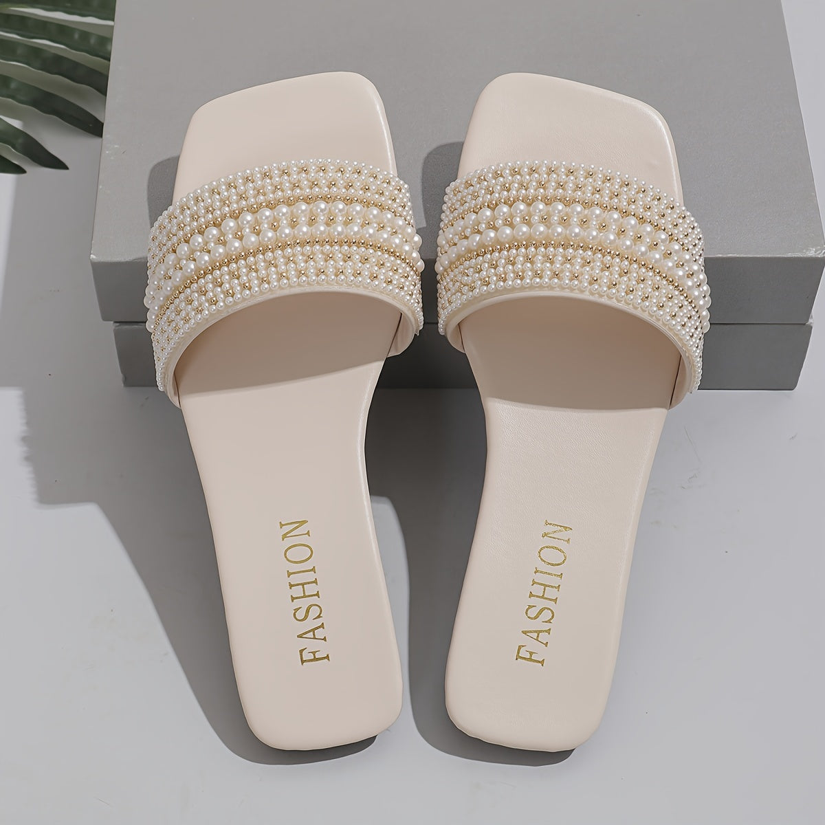 Elegant Women's Summer Flat Slide Sandals - Chic Square Toe with Pearl & Rhinestone Embellishments, Casual Slip-On Design, Faux Cover Upper & Rubber Sole, Ladies Sandals