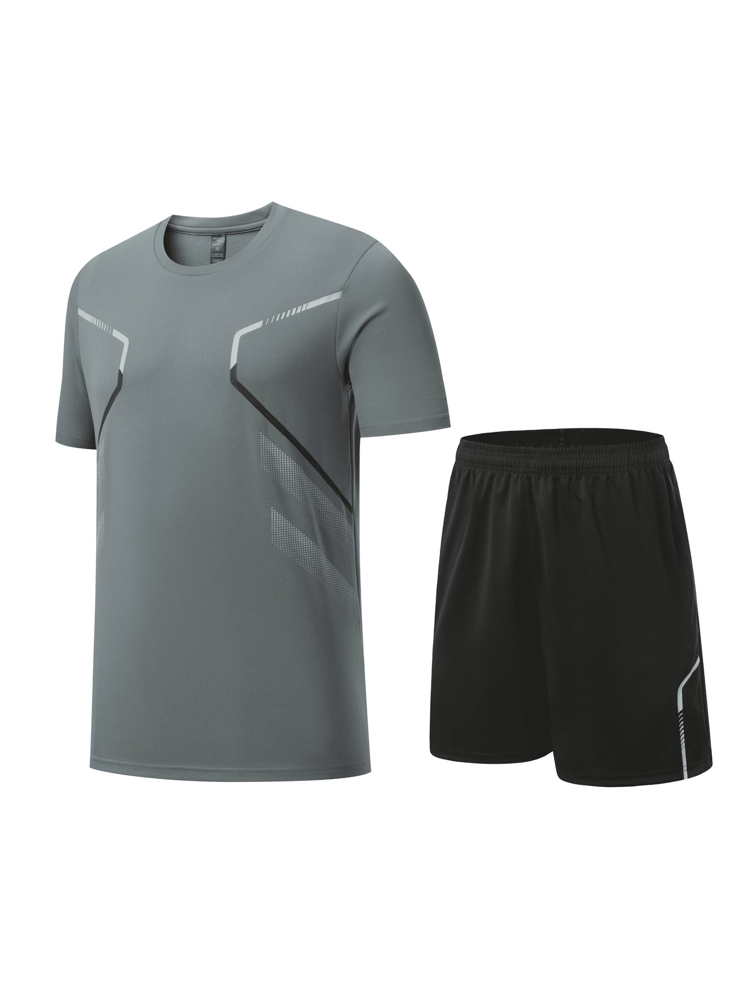 Men'S 2pcs Summer Running Sportswear Set, Quick-Dry Polyester Crew Neck Short Sleeve T-Shirt & Shorts, Casual Athletic Knit Fabric Outfit for Hiking, Training, Weekend - Regular Fit