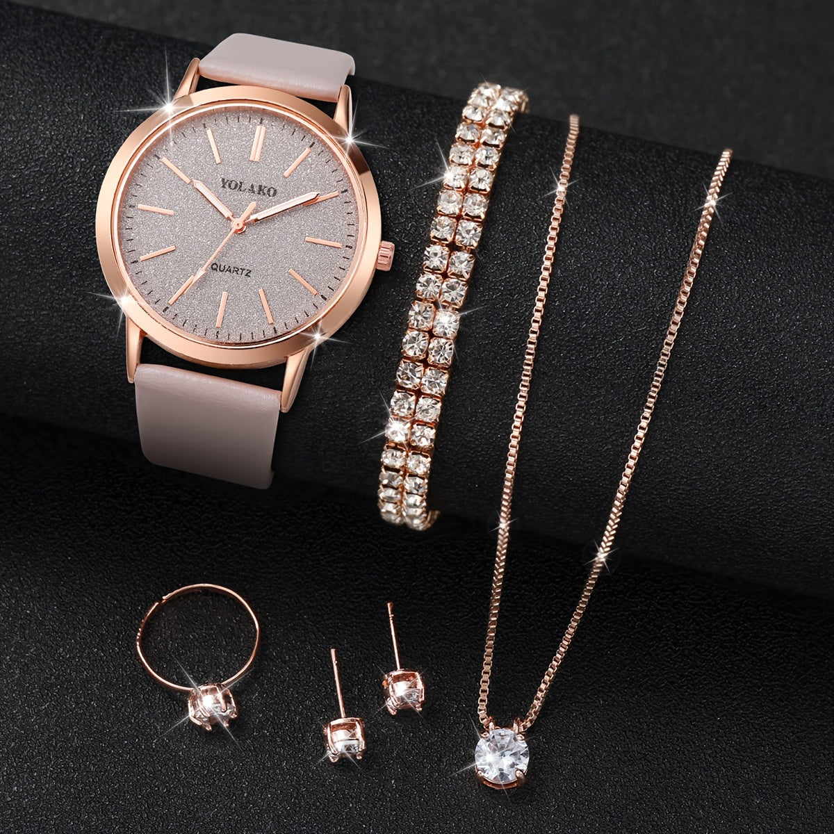Women's Casual Quartz Watch with Frosted Scale Dial + Jewelry Set 6pcs/set without Watch Box