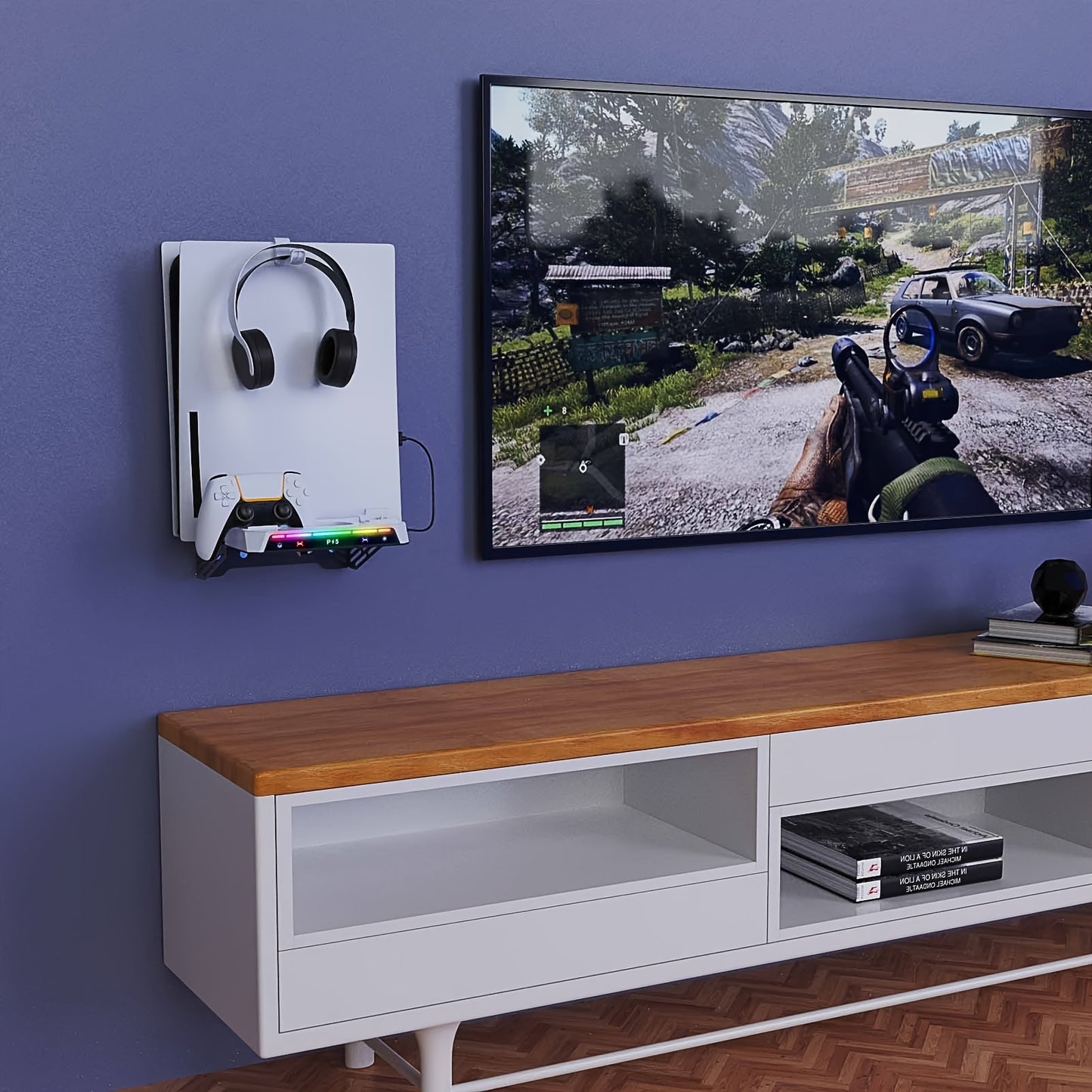 The wall-mounted kit is suitable for P-5 Slim/Pro/P5 optical drive and digital version host, compatible with two P-5 controllers, dual charging stand, and can switch 15 kinds of RGB lights/electric shock fast charging/earphone hook