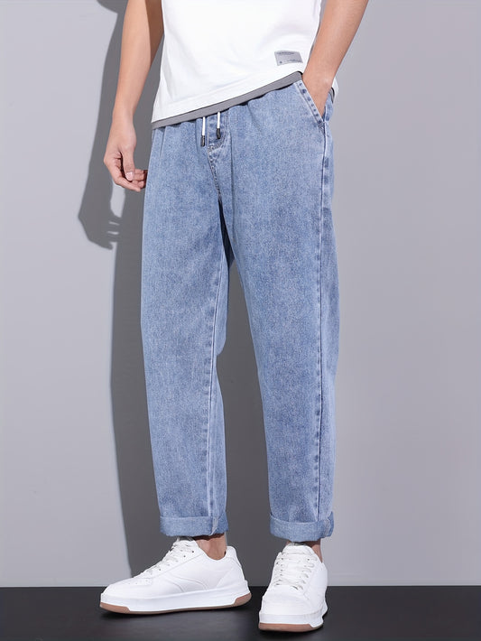 Men's Light Blue Straight-Leg Jeans with Drawstring Waist - Casual Denim, Versatile Fashion Pants for All Seasons, Relaxed Fit Jeans|Trendy Men's Pants|Glossy Fabric Finish