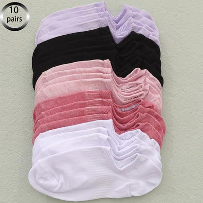 10pcs Women's Breathable Ankle Socks - Mixed Colors, Elegant Casual Style, Polyester and Elastane Blend, Sweat-Absorbent, Comfort Fit for Summer & Autumn, Cute Socks