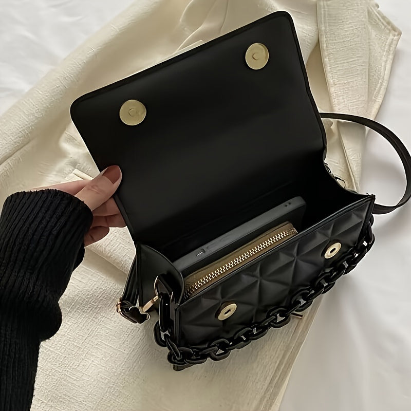 1pc Women's Fashion Quilted Crossbody Bag, Solid Color with Adjustable Strap, Magnetic Closure, Casual Handbag, Secure Travel Purse | Stylish Crossbody | Polished Finish, Small Crossbody Bag