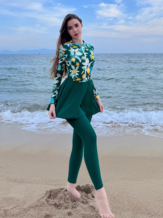 1pc Women's High Neck Long Sleeve Swimsuit, 2024 New Style, Polyester & Spandex Knit Fabric, Sports Style, Full Body Sun Protection, Slimming Fit with Random Print Design, High Waisted Swimsuit