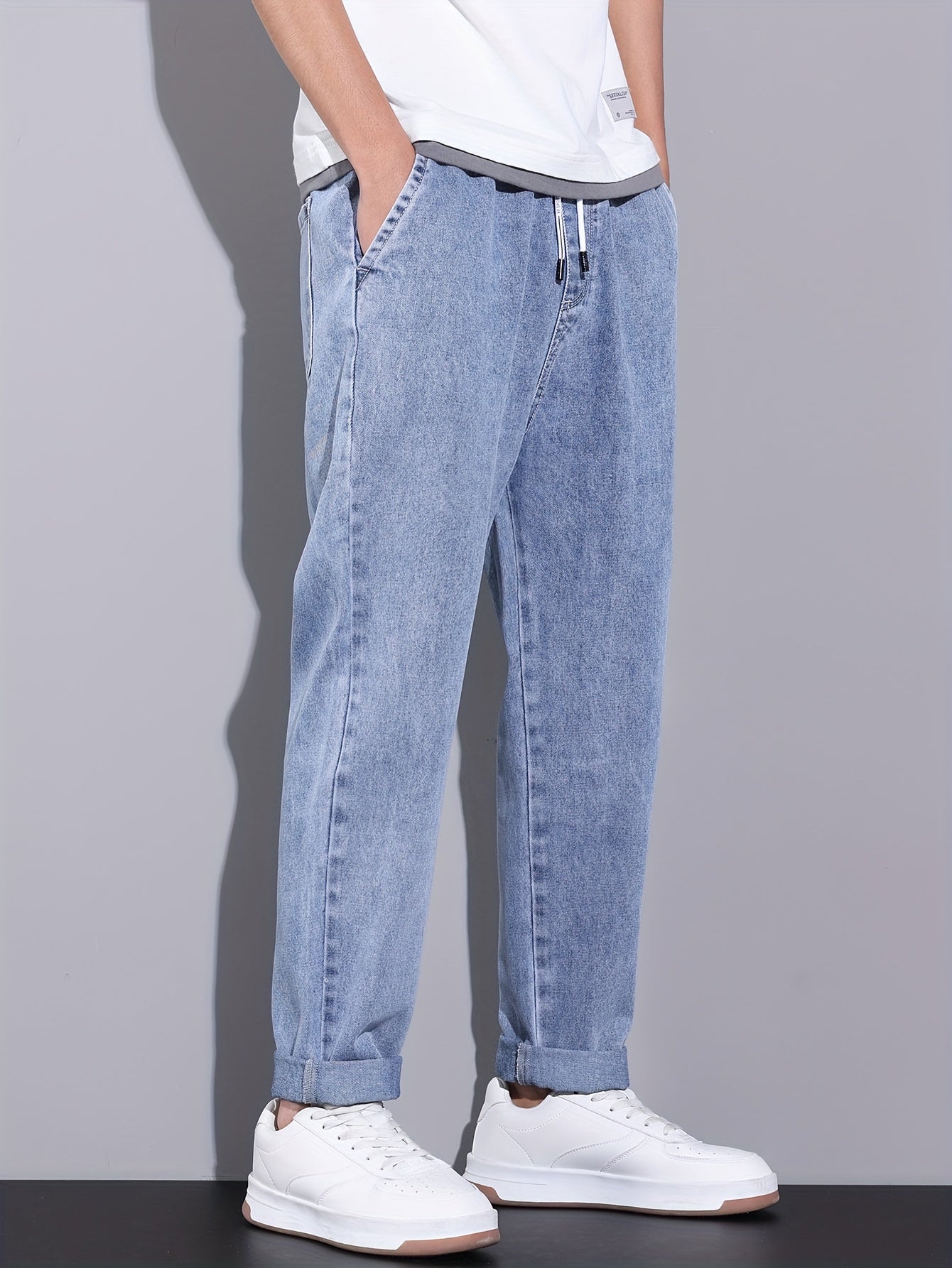 Men's Light Blue Straight-Leg Jeans with Drawstring Waist - Casual Denim, Versatile Fashion Pants for All Seasons, Relaxed Fit Jeans|Trendy Men's Pants|Glossy Fabric Finish