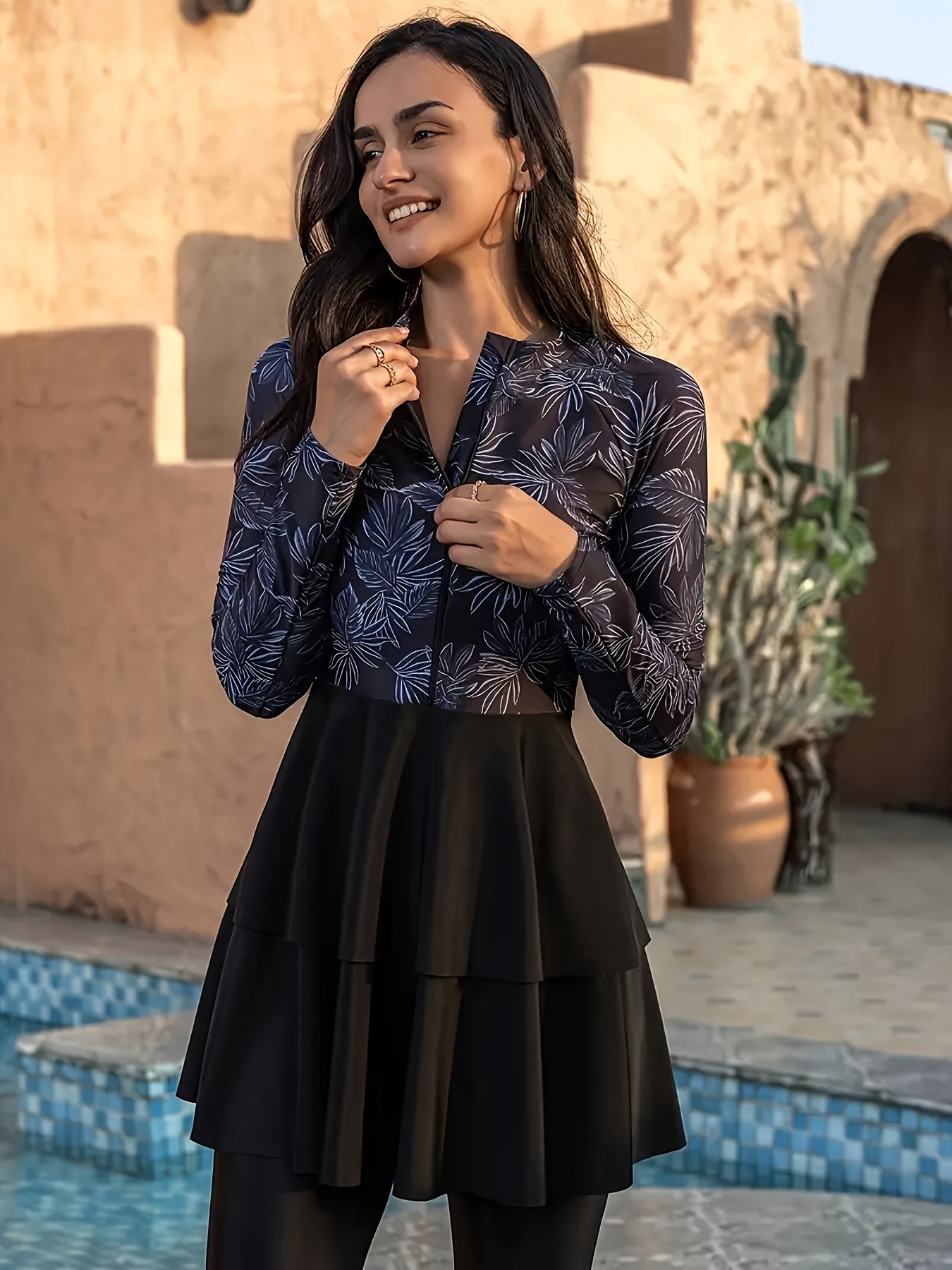 Leaf Print Zipper Long Sleeve Tiered Layered Ruffled Dress Style Top & Pants 2 Piece Set Full Body Coverage Swimsuits For Women