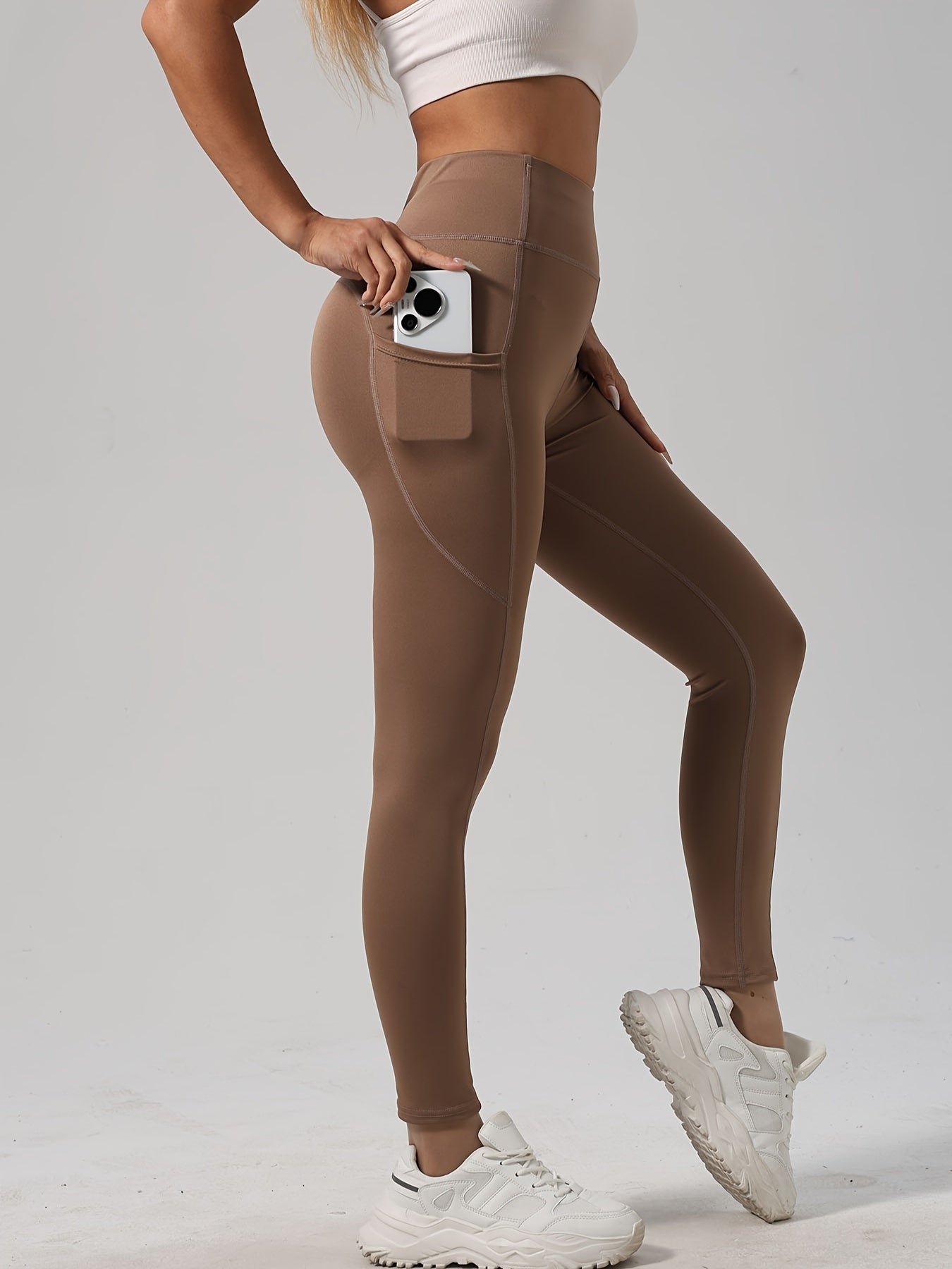 3pcs High-Waist Yoga Leggings with Pockets - Tummy Control, Slimming Effect, Stretchy & Breathable Fabric, Black/Brown/Gray, Perfect for Yoga & Casual Attire