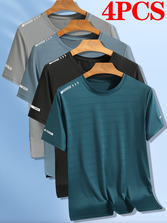 4pcs Men's Breathable Stretch T-Shirts - Casual & Sporty Round Neck Tees for Summer, Solid Color with Graphic Print
