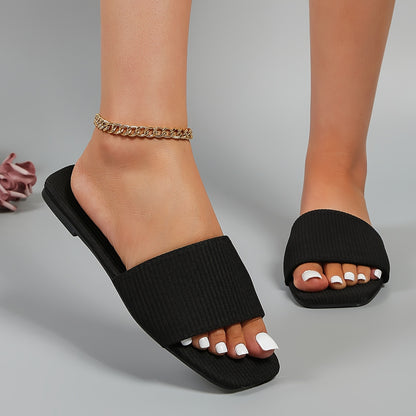 Women's Solid Color Slide Sandals, Casual Square Open Toe Flat Summer Shoes, Lightweight Slide Sandals