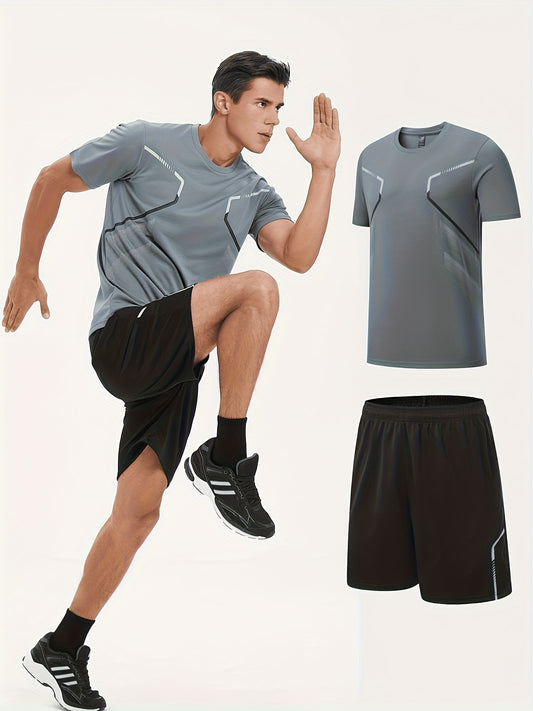 Men'S 2pcs Summer Running Sportswear Set, Quick-Dry Polyester Crew Neck Short Sleeve T-Shirt & Shorts, Casual Athletic Knit Fabric Outfit for Hiking, Training, Weekend - Regular Fit