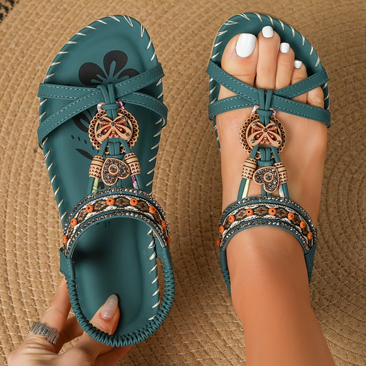 Women's Rhinestone Butterfly Flat Sandals, Boho Style Open Toe Elastic Strap Summer Shoes, Casual Slip On Beach Sandals for Holiday