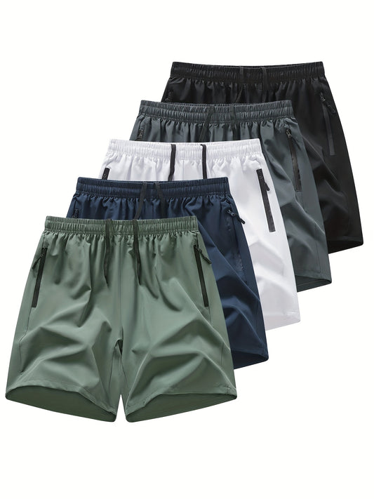 Men's 5-Pack Active Polyester Shorts - 98% Polyester, 2% Spandex, Sports Style, Non-Stretch, Solid Color for Summer – Versatile for Golf, Casual, Running, Training, Hiking, Tennis, Basketball, Volleyball – Loose Fit Adult Woven Shorts
