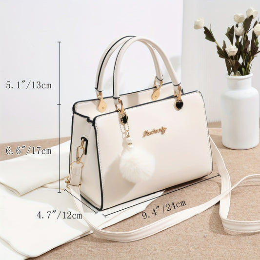 Solid Color Fashion Small Handbag with Pom-Pom Decoration, Multi-Layer Crossbody Bag for Women, Suitable for Dating And Office Workers.
