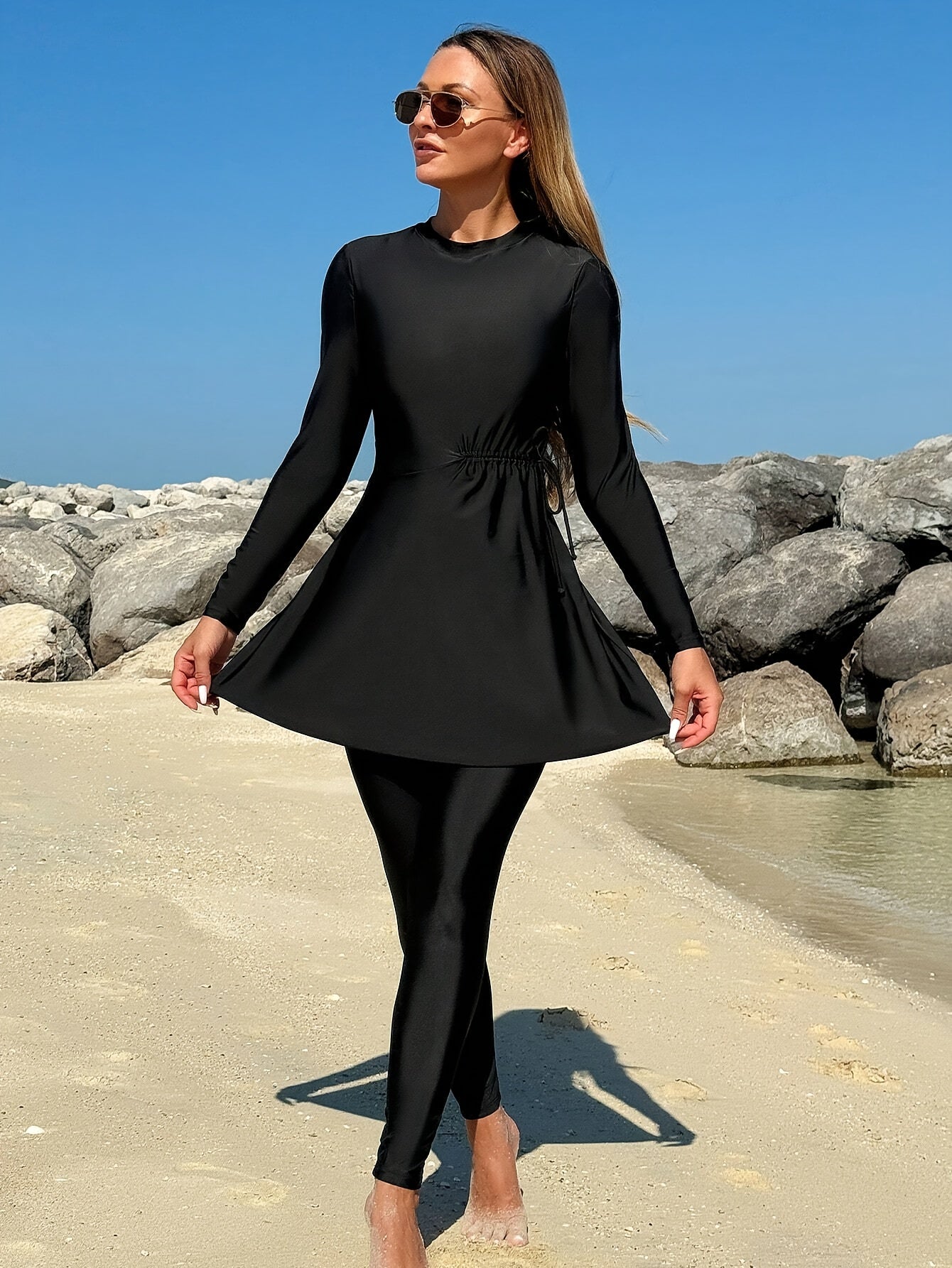 Women's Full-Body Swimsuit with Hijab - Long Sleeve, High Stretch Nylon Fabric, Zippered Front, Black, Casual Beachwear for Outdoor Activities