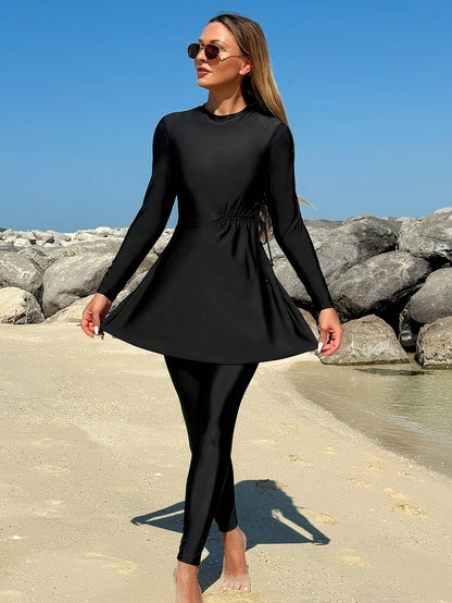 Women's Full-Body Swimsuit with Hijab - Long Sleeve, High Stretch Nylon Fabric, Zippered Front, Black, Casual Beachwear for Outdoor Activities