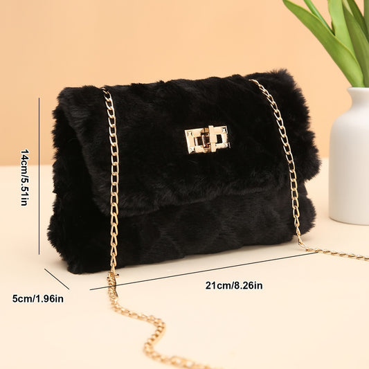 Casual Faux Fur Crossbody Bag with Chain Strap and Turn-Lock Closure, Lightweight Solid Color Messenger Shoulder Bag with Nylon Lining, Removable Strap – Fashionable Fluffy Soft Bag for Women