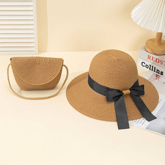 2pcs/set - Khaki crossbody flap straw bag + fisherman-shaped bow-decorated khaki straw sun hat, two-piece set, suitable for outdoor vacation, beach, summer sun protection, gift set