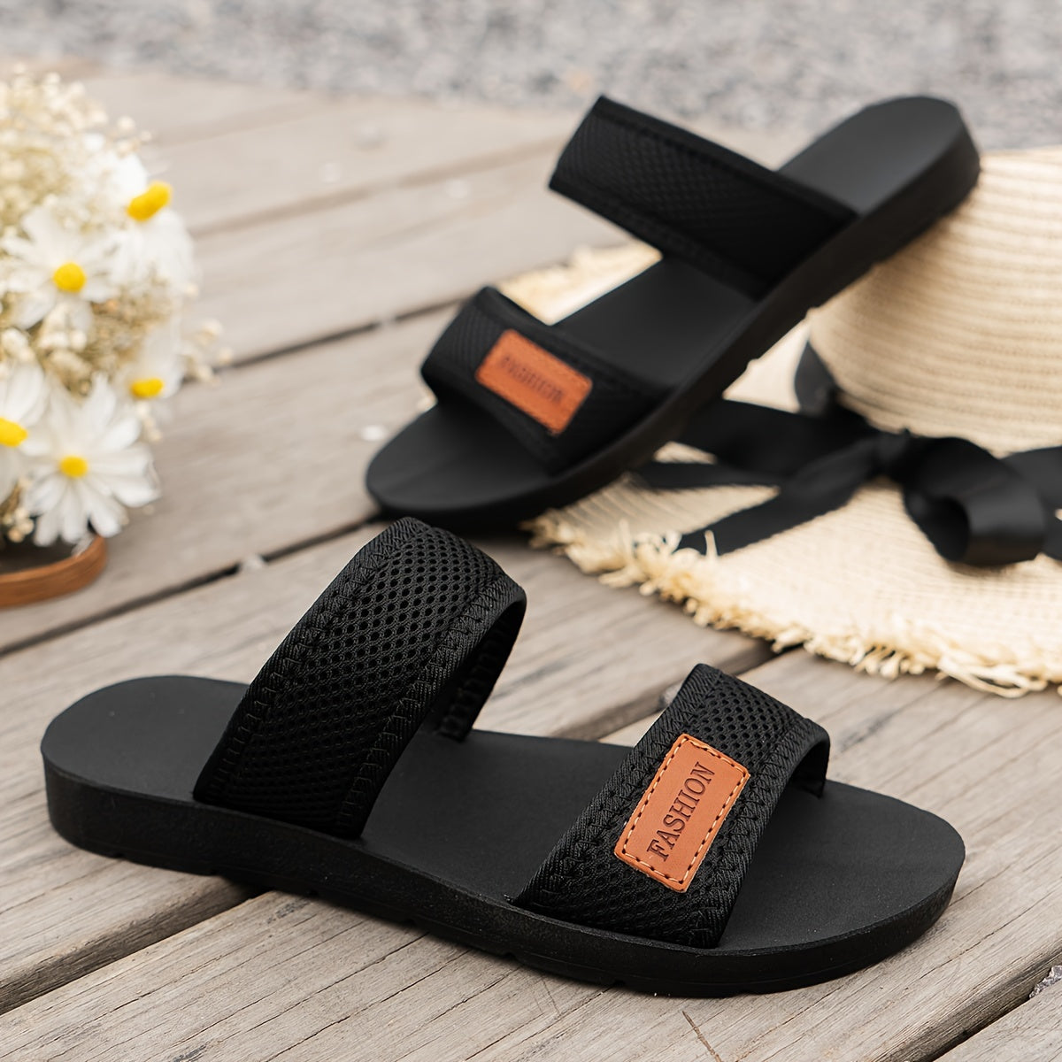 Women's Hollow Mesh Slide Sandals, Casual Open Toe Flat Summer Shoes, Lightweight Slide Sandals