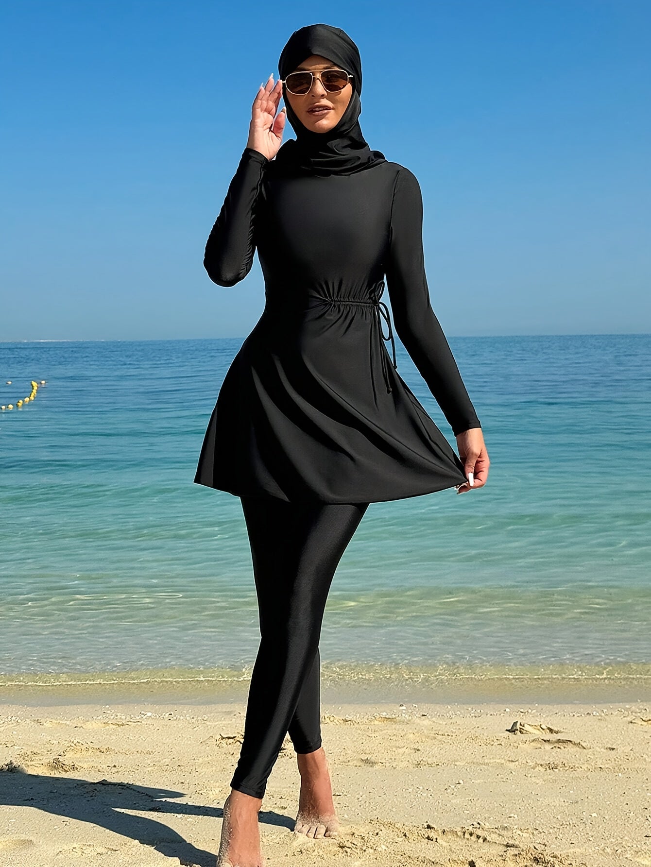 Women's Full-Body Swimsuit with Hijab - Long Sleeve, High Stretch Nylon Fabric, Zippered Front, Black, Casual Beachwear for Outdoor Activities