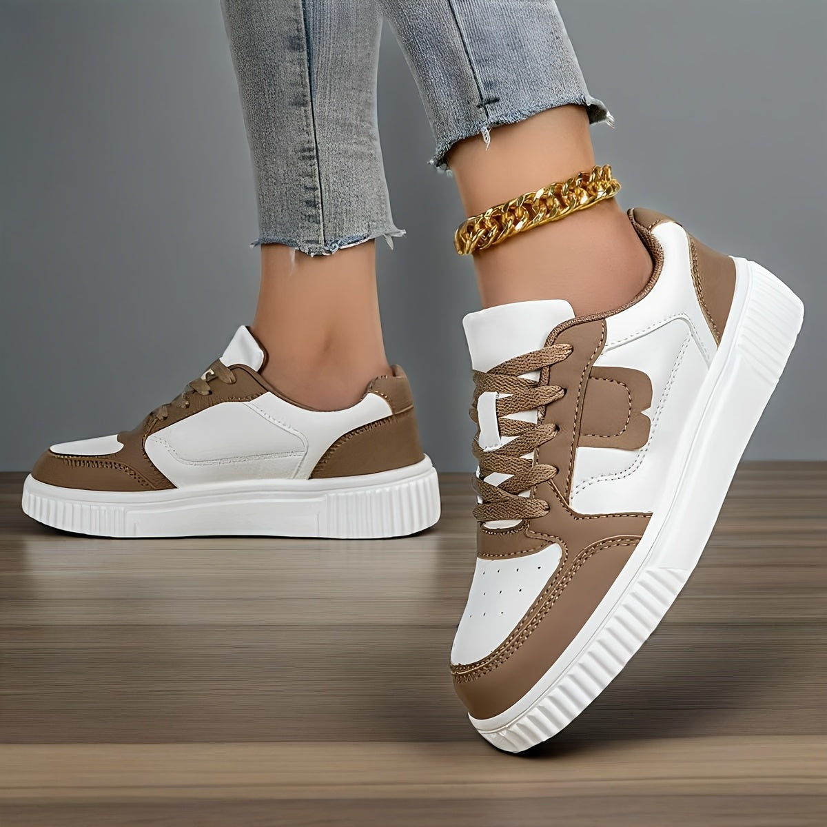 Women's Stylish Brown & White Sneakers - Durable, Non-Slip, Lightweight Lace-Up Skate Shoes for Casual Wear, Walking, Running, and Jogging, Everyday Footwear | Modern Sneakers | EVA Cushioned Sole