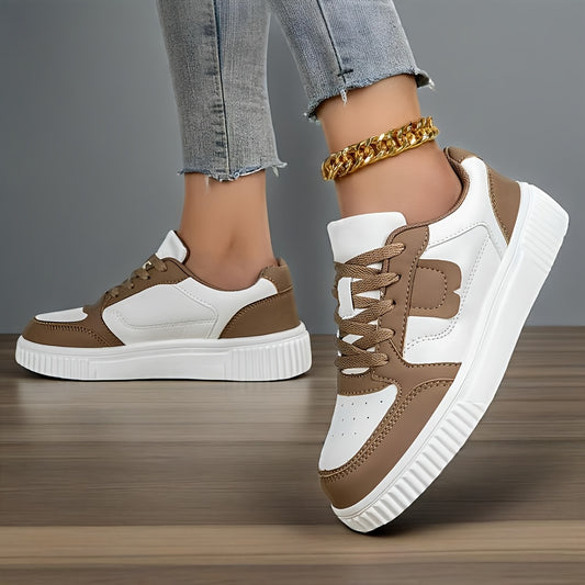 Women's Stylish Brown & White Sneakers - Durable, Non-Slip, Lightweight Lace-Up Skate Shoes for Casual Wear, Walking, Running, and Jogging, Everyday Footwear | Modern Sneakers | EVA Cushioned Sole