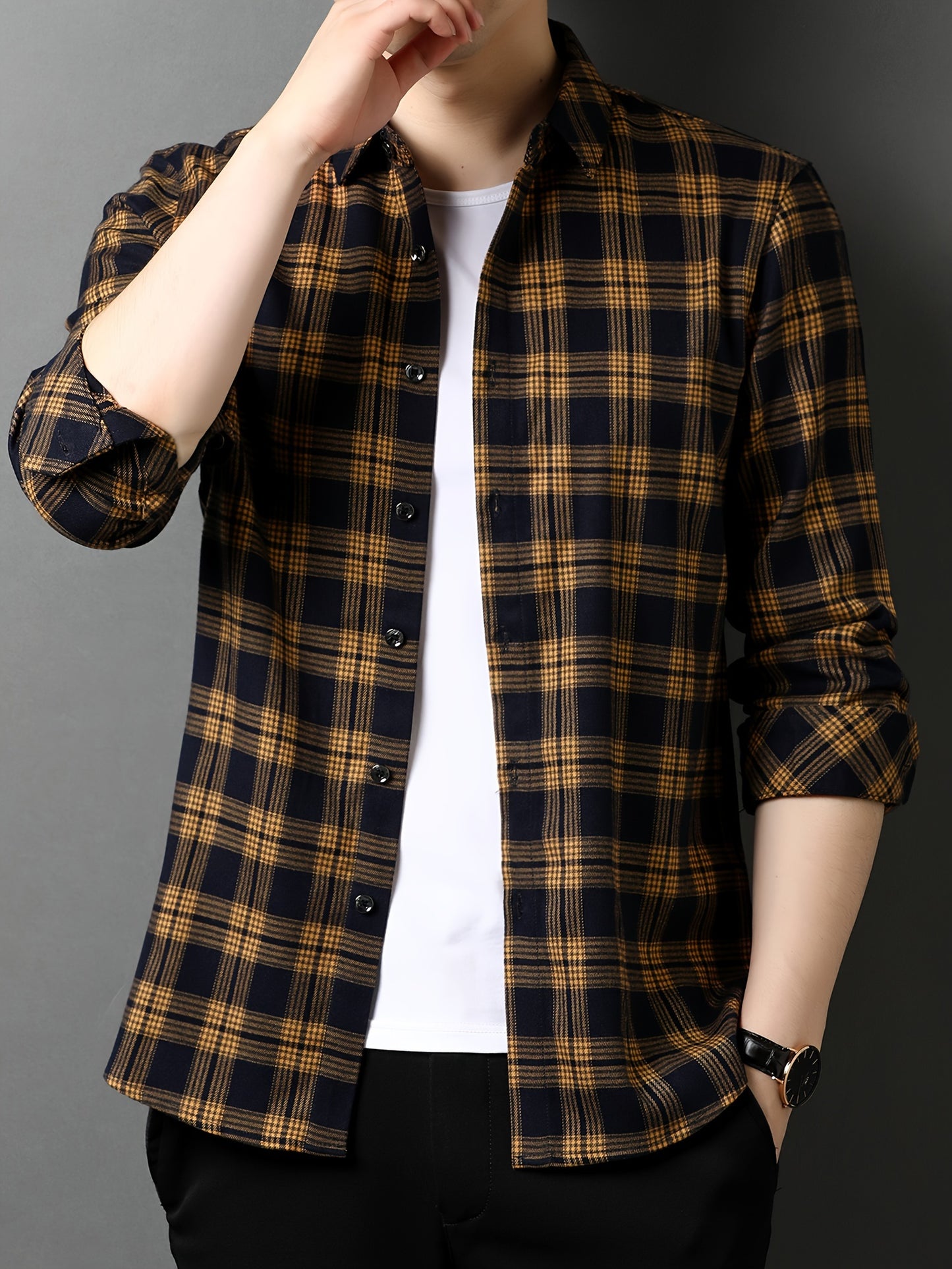 Men's Casual Plaid Long Sleeve Shirt, Polyester Blend (74.5% Polyester, 23.6% Viscose, 1.9% Spandex), Lapel Collar, Regular Fit, Woven Fabric, for Spring/Fall