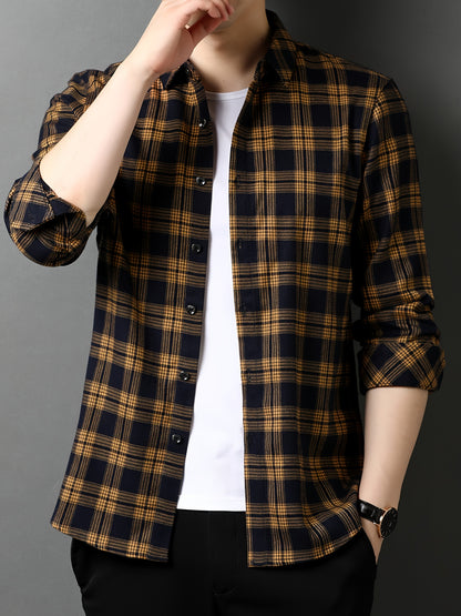 Men's Casual Plaid Long Sleeve Shirt, Polyester Blend (74.5% Polyester, 23.6% Viscose, 1.9% Spandex), Lapel Collar, Regular Fit, Woven Fabric, for Spring/Fall