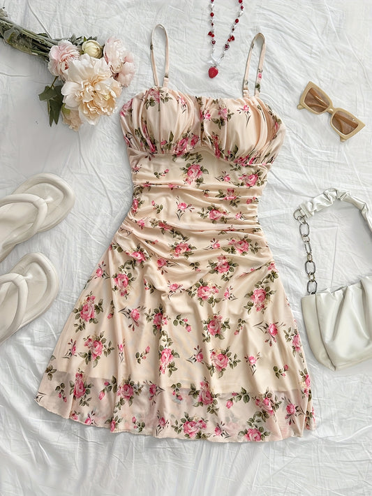 Elegant Floral Print Ruffled Midi Dress for Women - Sleeveless, V-Neck, Stretch Polyester Fabric, Perfect for Spring/Summer, Floral Print Dress