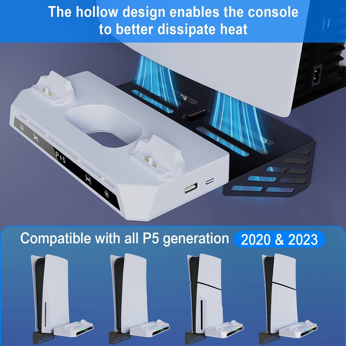 The wall-mounted kit is suitable for P-5 Slim/Pro/P5 optical drive and digital version host, compatible with two P-5 controllers, dual charging stand, and can switch 15 kinds of RGB lights/electric shock fast charging/earphone hook