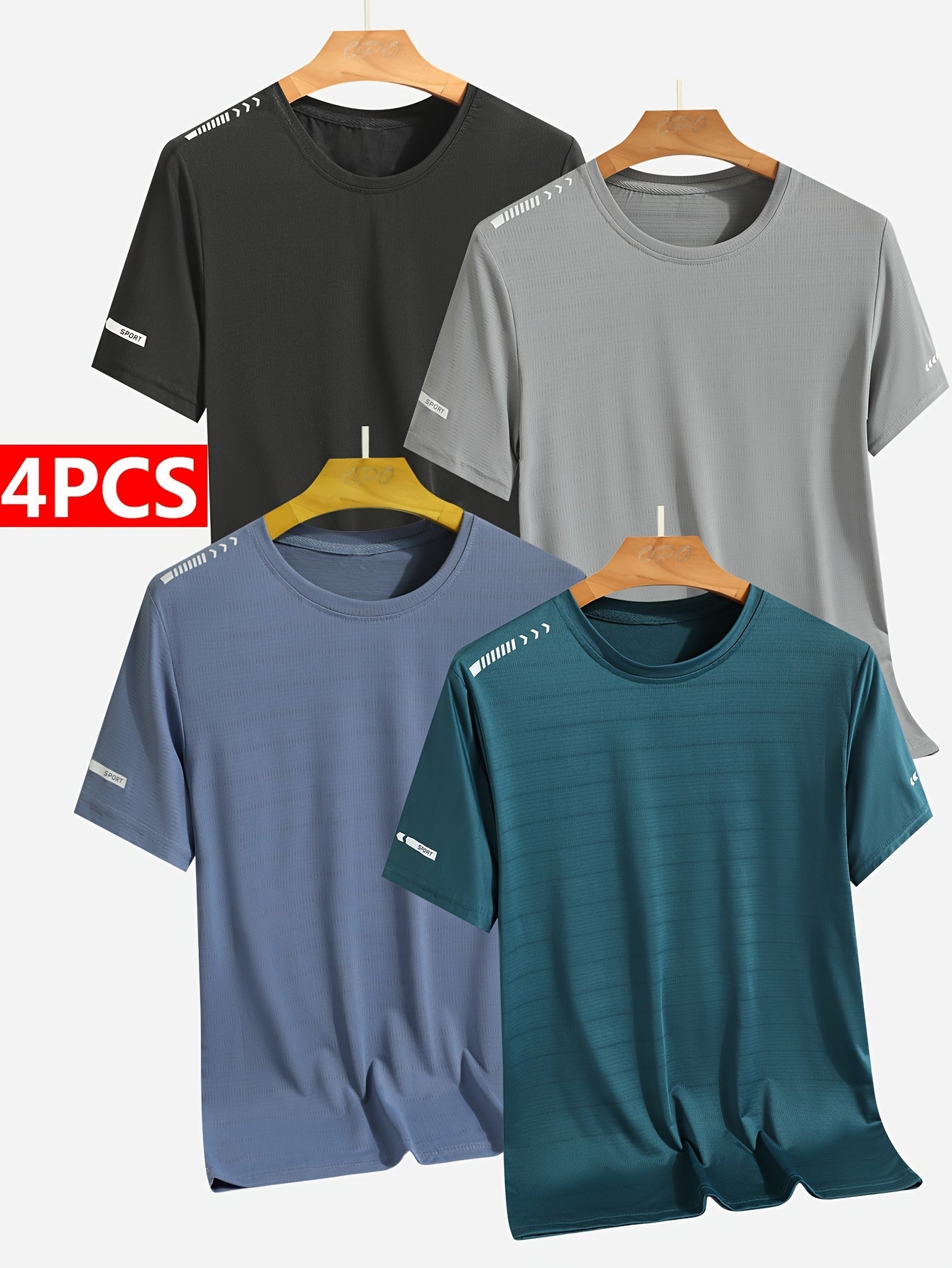 4pcs Men's Breathable Stretch T-Shirts - Casual & Sporty Round Neck Tees for Summer, Solid Color with Graphic Print