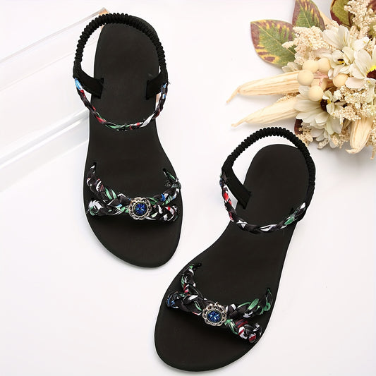 Women's Colorful Elegant Sandals, Elastic Strap Slip On Lightweight Flat Vacation Shoes, Summer Rhinestone Beach Shoes