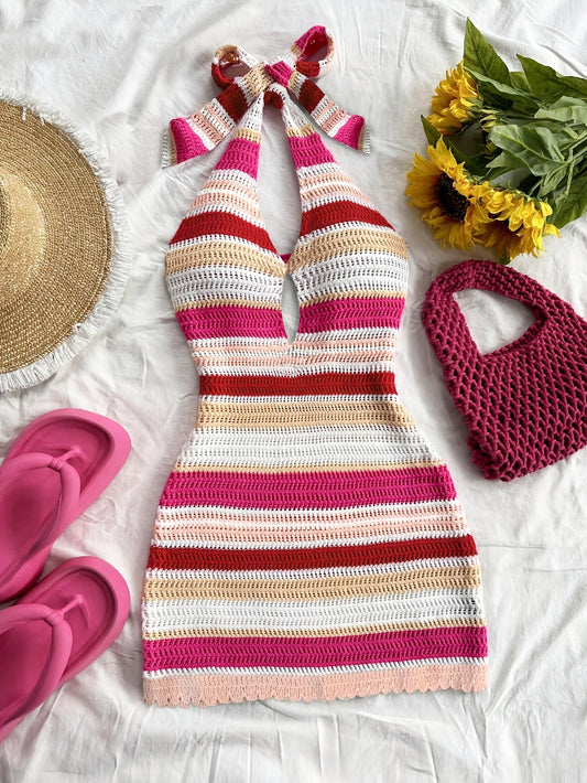 Women's Elegant Halter Neck Back-Tie Knit Dress - Multi-Color Striped Semi-Sheer Wrap Dress with Adjustable Straps & Lace Trim, Beach Vacation Resort Wear, Beach Dress
