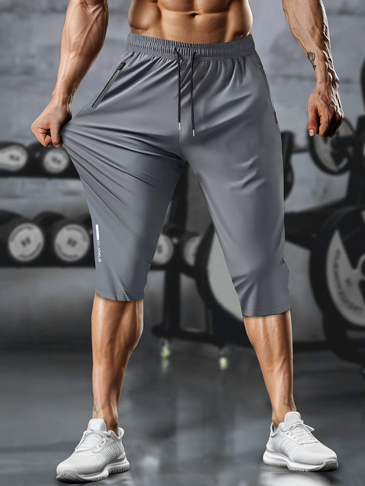 Men'S Solid Color Athletic Shorts, Casual High Stretch Polyamide 80% Elastane 20% Running Jogging Pants with Pockets, Zipper, Drawstring, and Elastic Waistband for Outdoor Sports, Hiking, Workout - Woven Fabric, Regular Fit