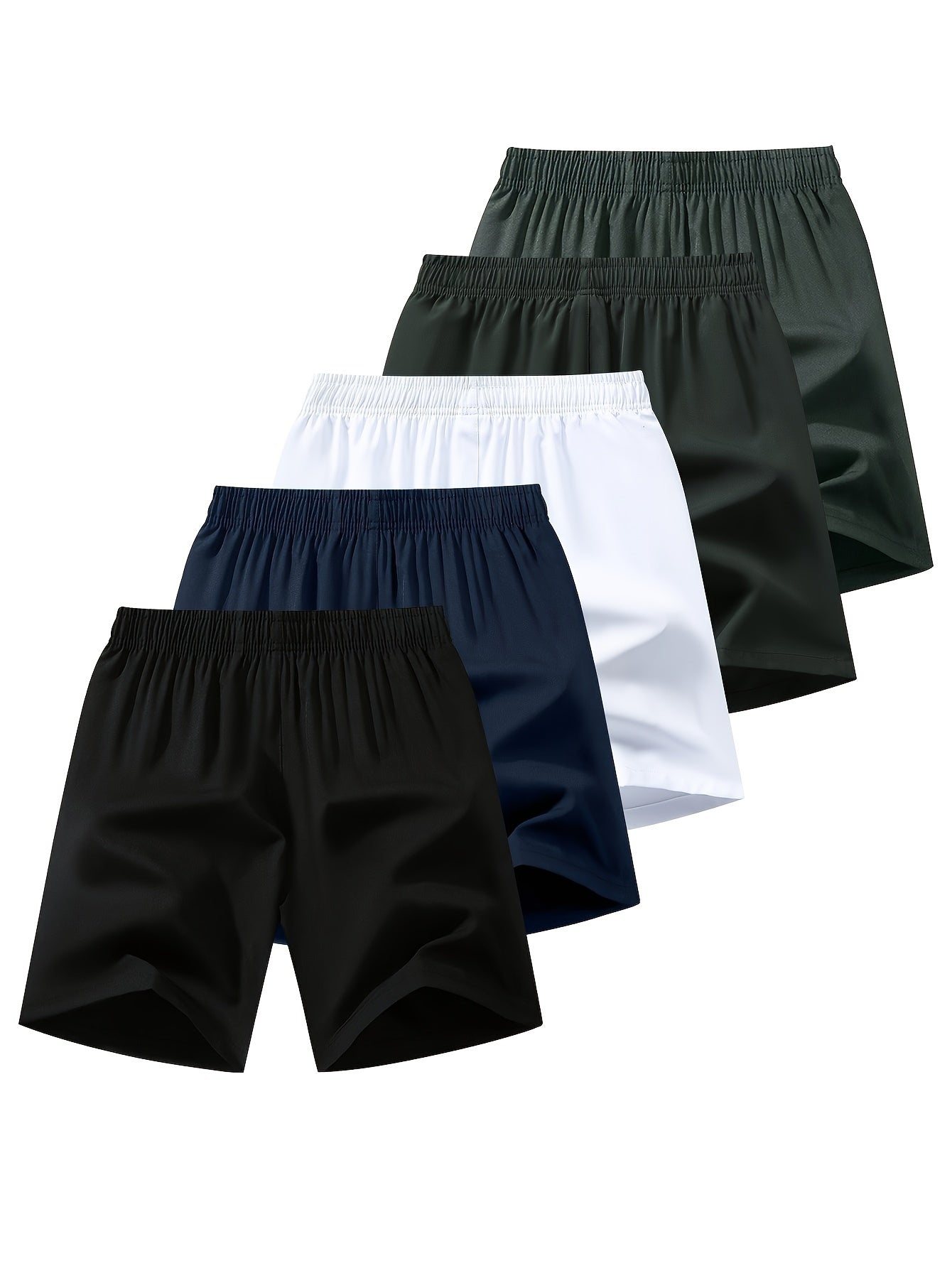 5pcs Men's Athletic Drawstring Shorts - Breathable, Stretchy Polyester & Spandex Blend for Running, Fitness & Casual Wear - Solid Color with Pockets