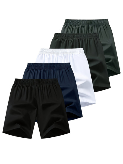5pcs Men's Athletic Drawstring Shorts - Breathable, Stretchy Polyester & Spandex Blend for Running, Fitness & Casual Wear - Solid Color with Pockets