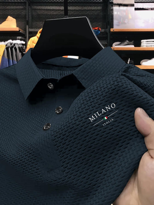 Men's Milan Print Short Sleeve Golf Shirt - Breathable, Stretch Fabric, Button- Collar, Lightweight Business Casual Style for Summer, Tennis & Golf Training