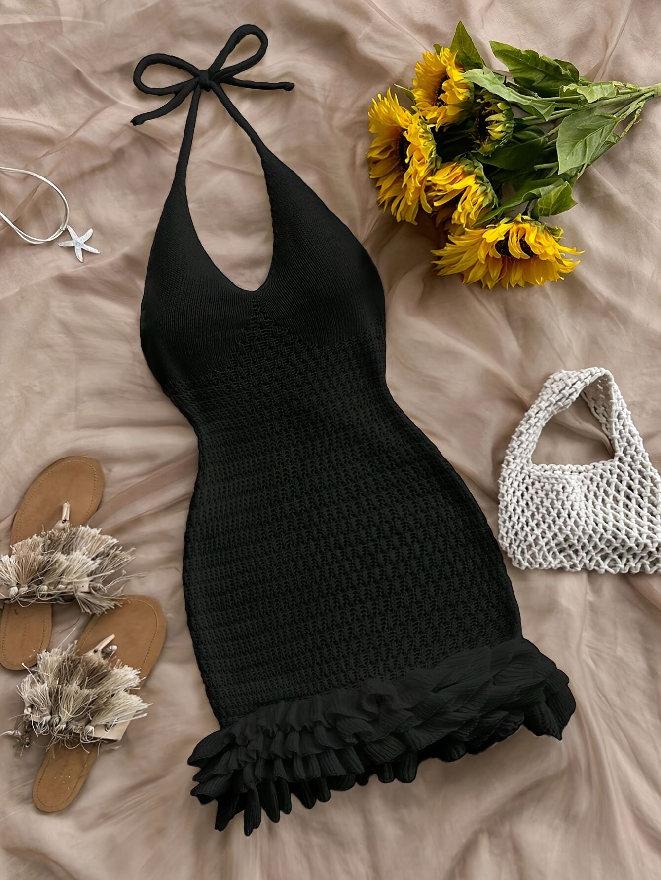 Fashionable Sweater Cover-Up for The Holiday Season, Featuring a Spring/Summer Design with a Lace Hem And Lotus Edge, Perfect As a Beach Dress And Sun Protection Top for Women.